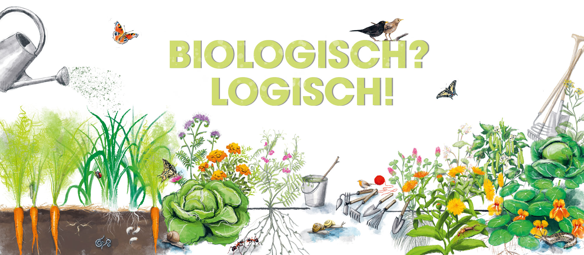 Biologisch? Logisch! – illustriertes Titelbild zum naturnahen Gärtnern